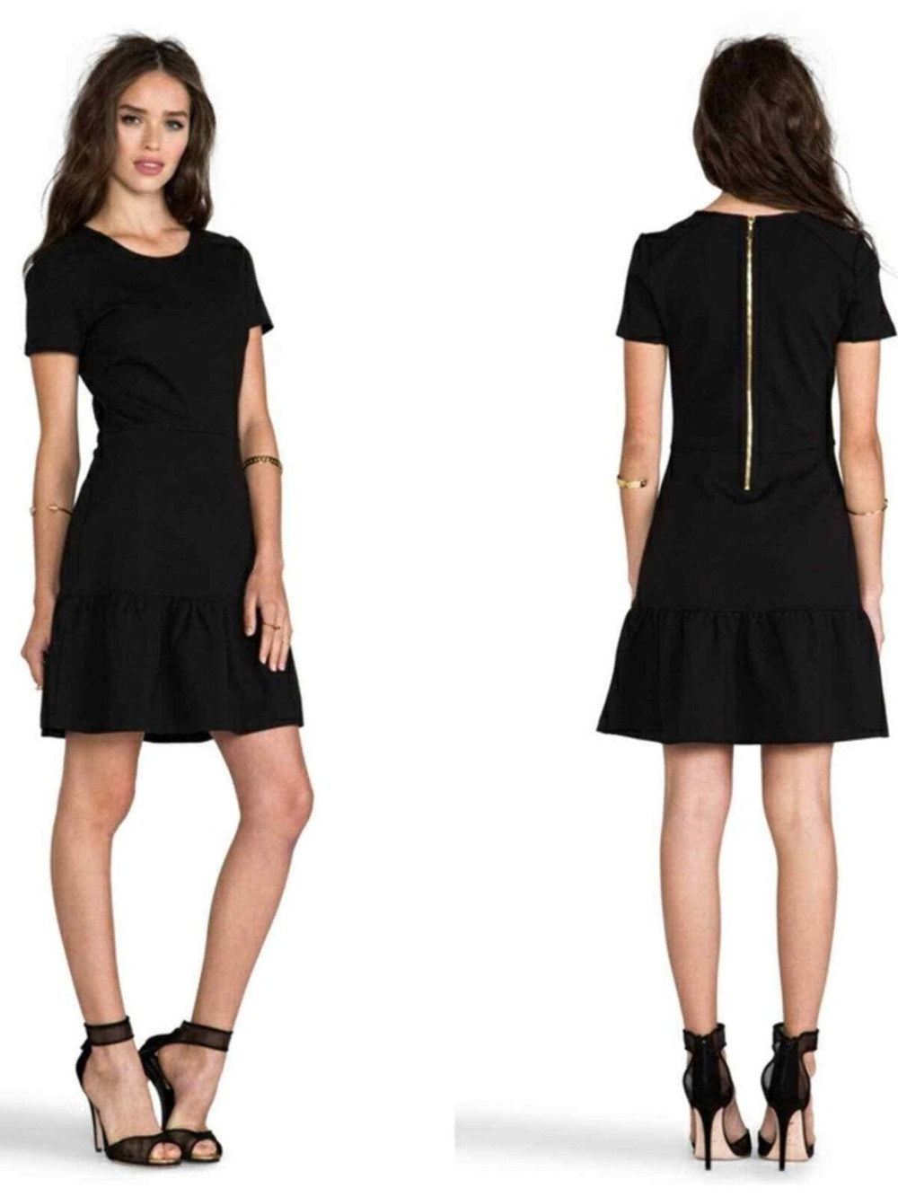 Juicy Couture Black Short-Sleeve Ruffle-Hem Dress with Gold Back Zipper